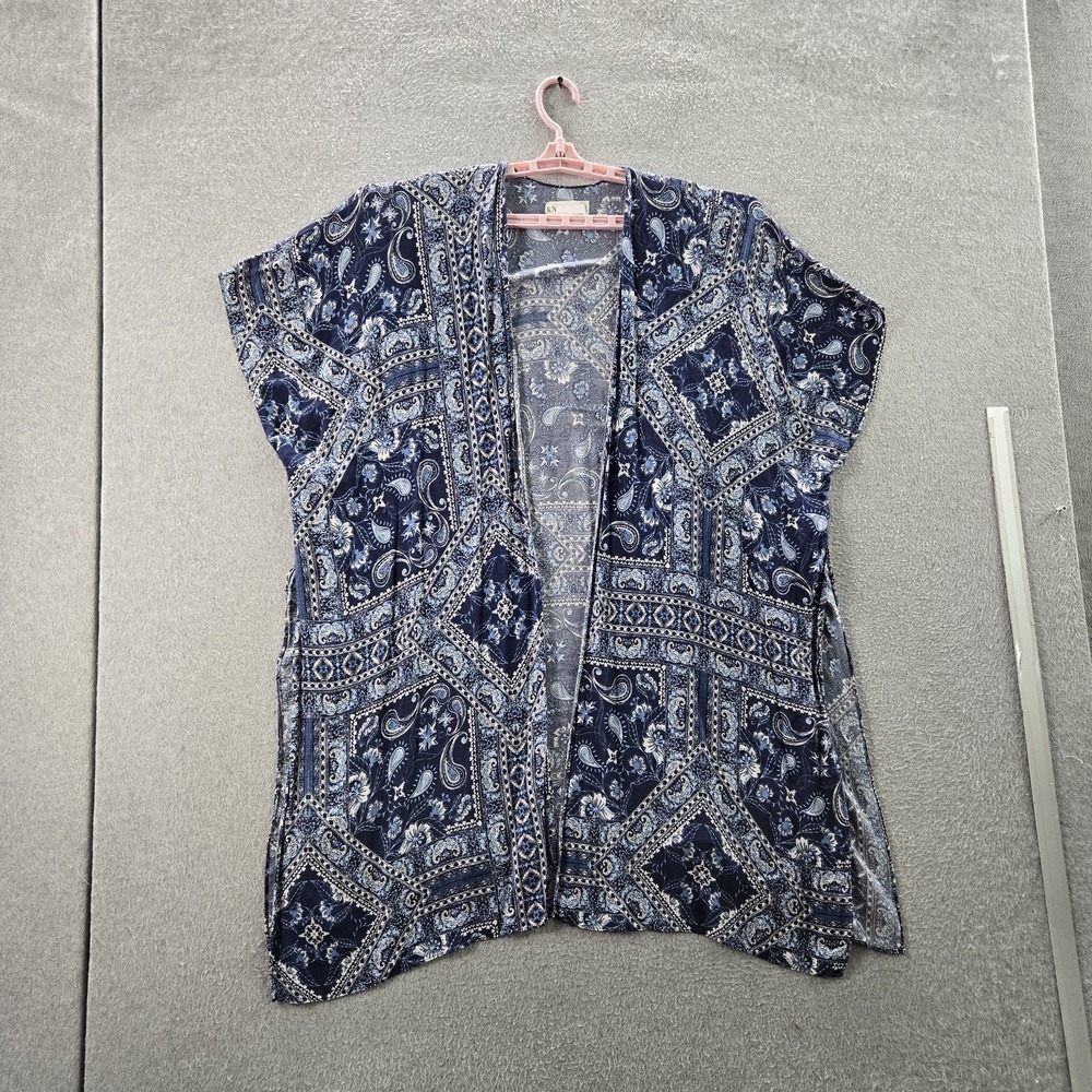 Knox Rose Women Blouse L/XL Blue Paisley Boho V-Neck Open Front Kimono